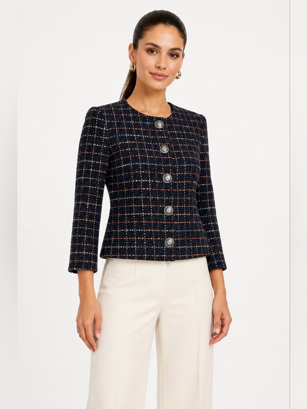 Veronica Beard Nathan Tweed Jacket Size 8 Navy Multi NWT $598 Collarless Blazer